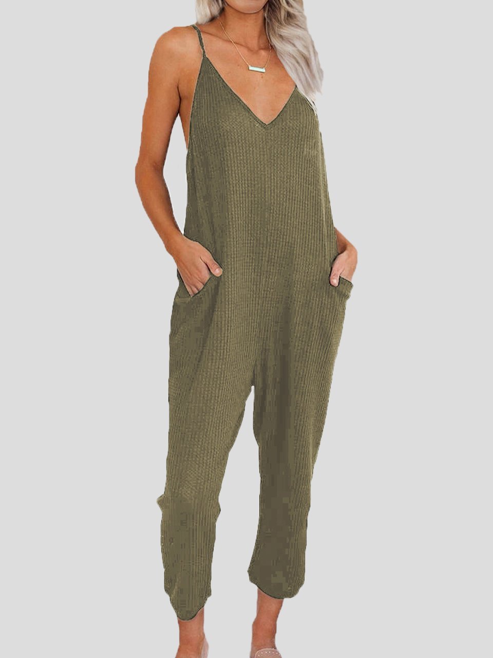 Solid Color V-neck Suspender Jumpsuit - LuckyFash™