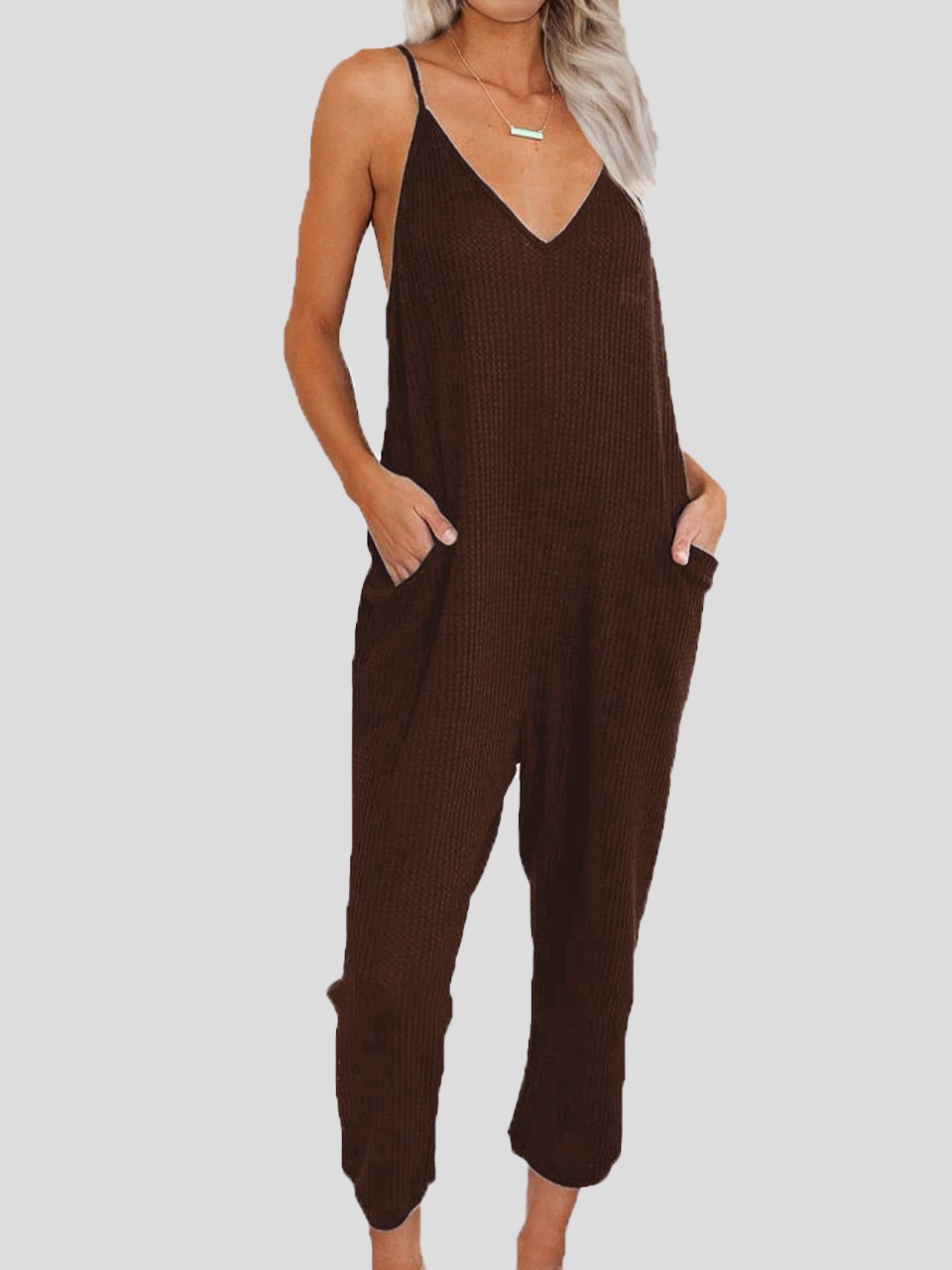 Solid Color V-neck Suspender Jumpsuit - LuckyFash™