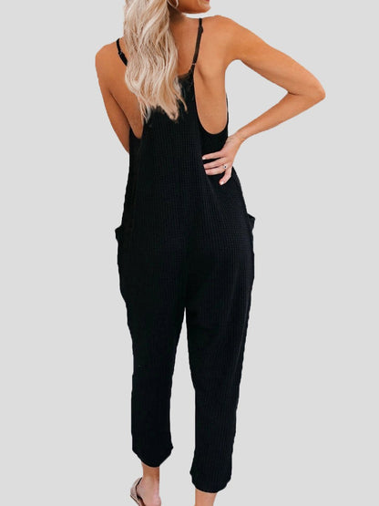 Solid Color V-neck Suspender Jumpsuit - LuckyFash™