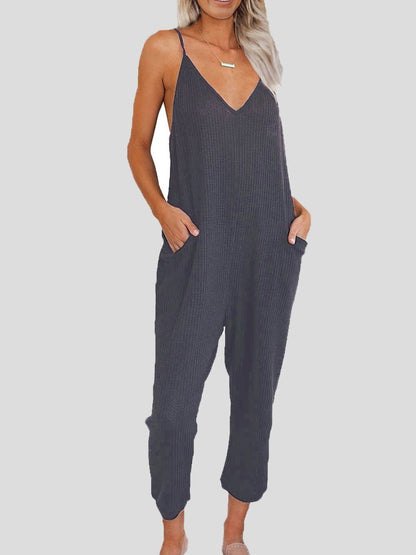 Solid Color V-neck Suspender Jumpsuit - LuckyFash™