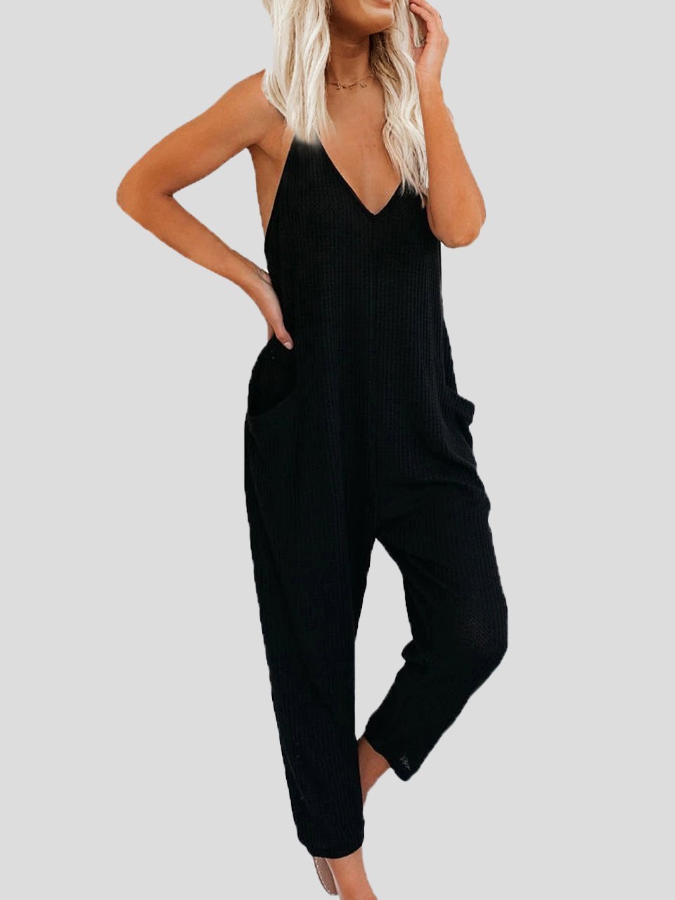 Solid Color V-neck Suspender Jumpsuit for Women