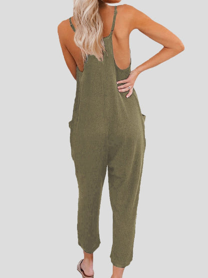 Solid Color V-neck Suspender Jumpsuit - LuckyFash™