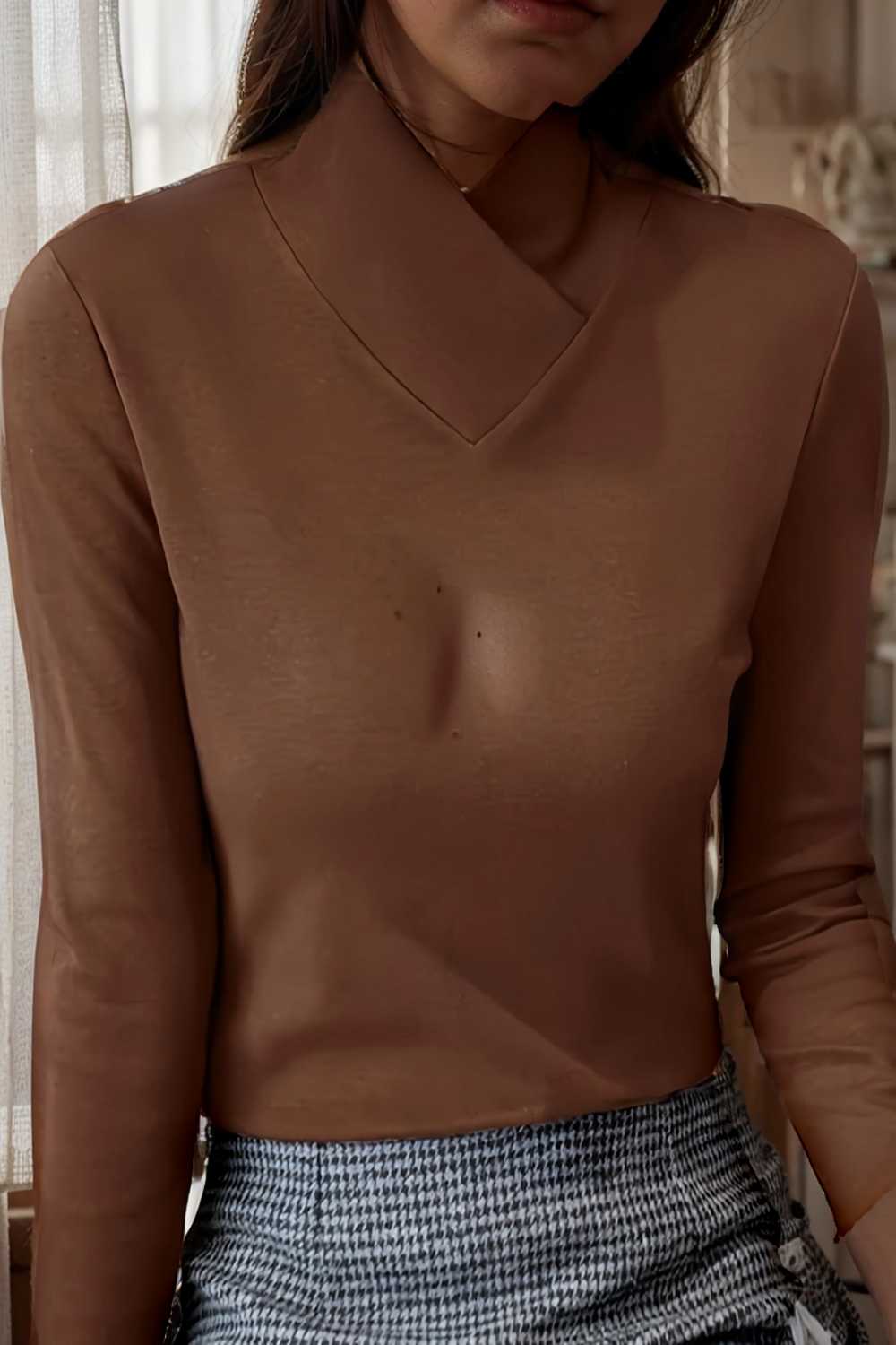 solid cozy mock neck long sleeve t shirt 113633