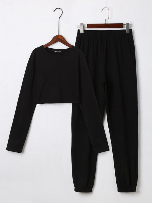 Solid Crop Tee & Pants Lounge Set for Women