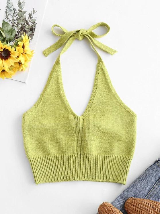 Solid Knitted Halter Crop Top for Women