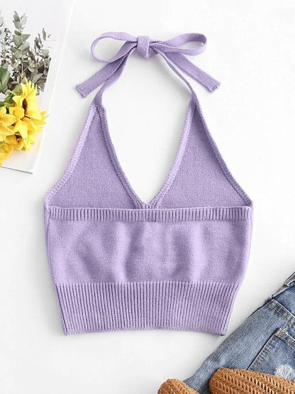 Solid Knitted Halter Crop Top - LuckyFash™