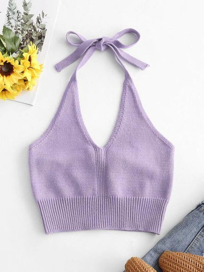 Solid Knitted Halter Crop Top - LuckyFash™