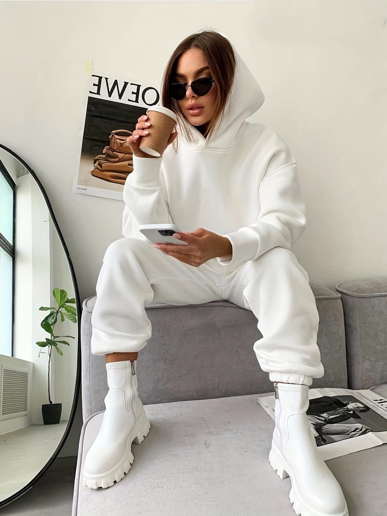 Solid Long Sleeve Hoodie & High Waist Slant Pockets Jogger Pants Set