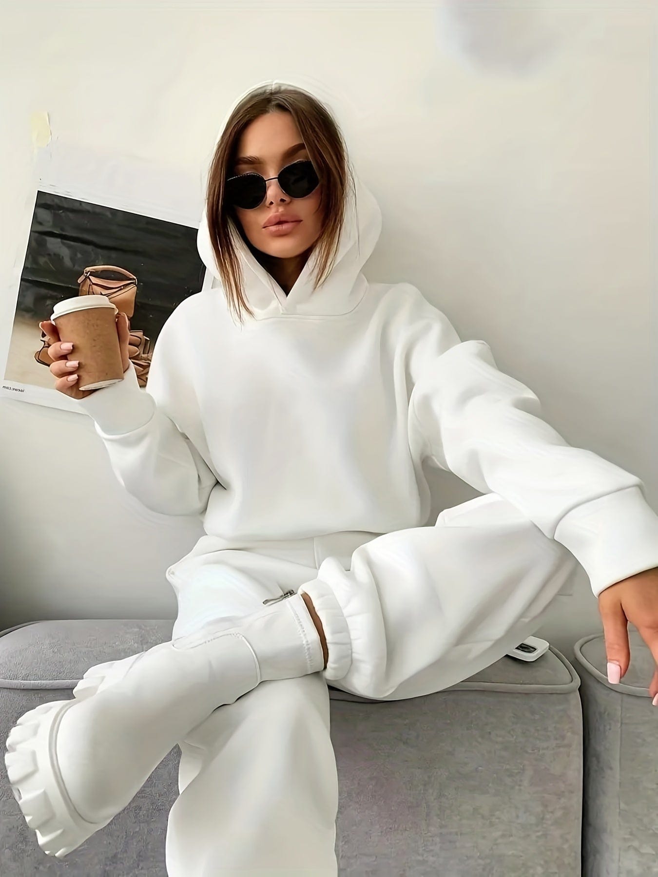 Solid Long Sleeve Hoodie & High Waist Slant Pockets Jogger Pants Set