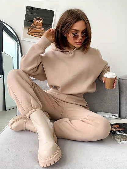 Solid Long Sleeve Hoodie & High Waist Slant Pockets Jogger Pants Set