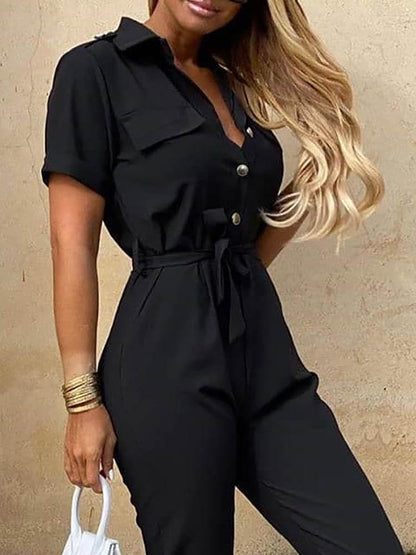 Solid Short Sleeve Buttoned Jumpsuit - LuckyFash™