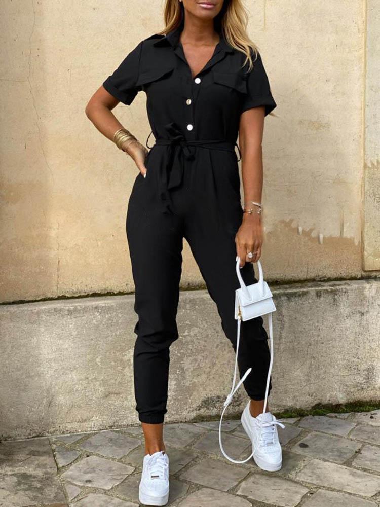 Solid Short Sleeve Buttoned Jumpsuit - LuckyFash™