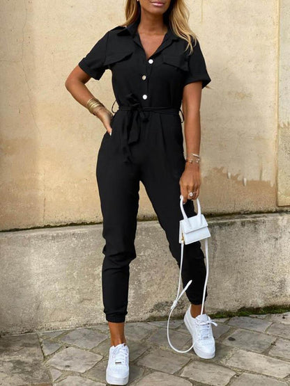 Solid Short Sleeve Buttoned Jumpsuit - LuckyFash™