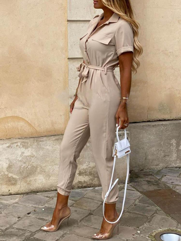 Solid Short Sleeve Buttoned Jumpsuit - LuckyFash™