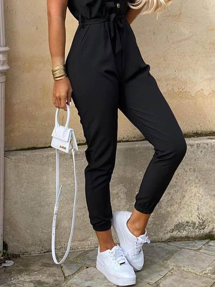 Solid Short Sleeve Buttoned Jumpsuit - LuckyFash™