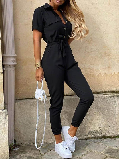 Solid Short Sleeve Buttoned Jumpsuit for Women