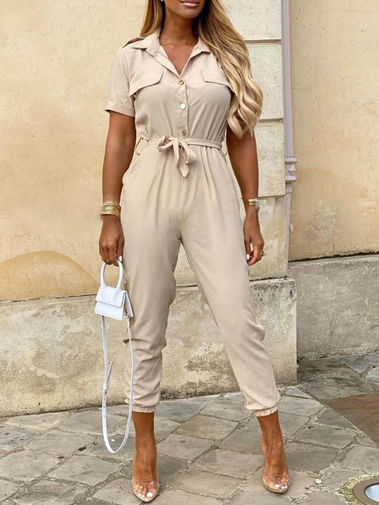 Solid Short Sleeve Buttoned Jumpsuit - LuckyFash™