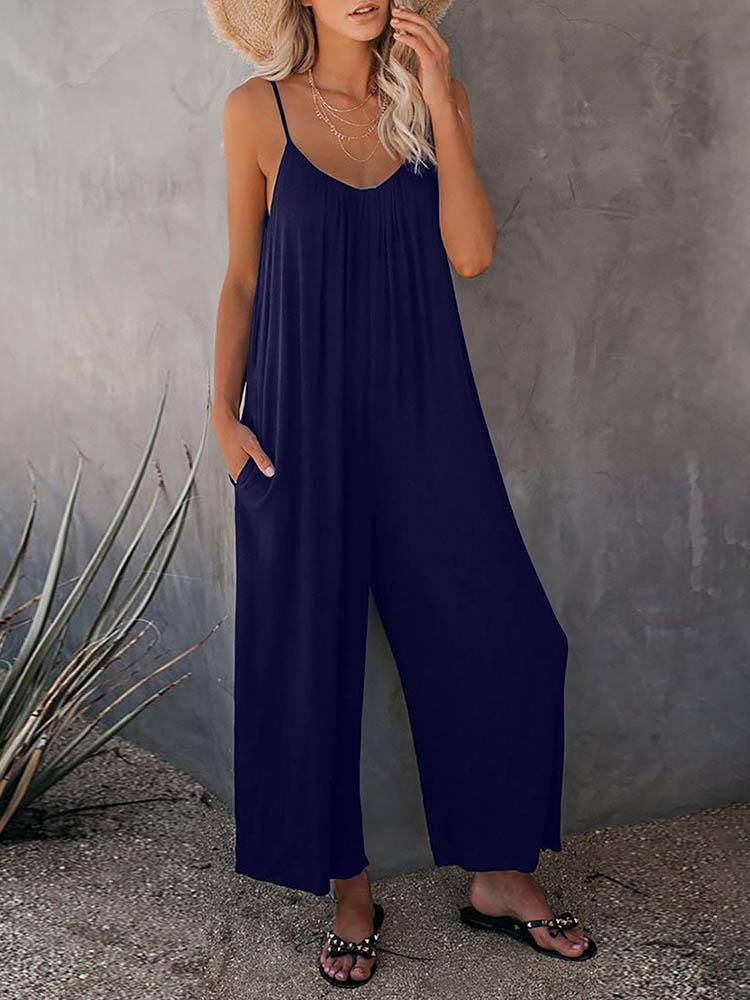 Jumpsuits - Solid Strap Loose Wide Leg Jumpsuit - MsDressly