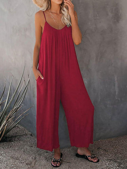 Jumpsuits - Solid Strap Loose Wide Leg Jumpsuit - MsDressly