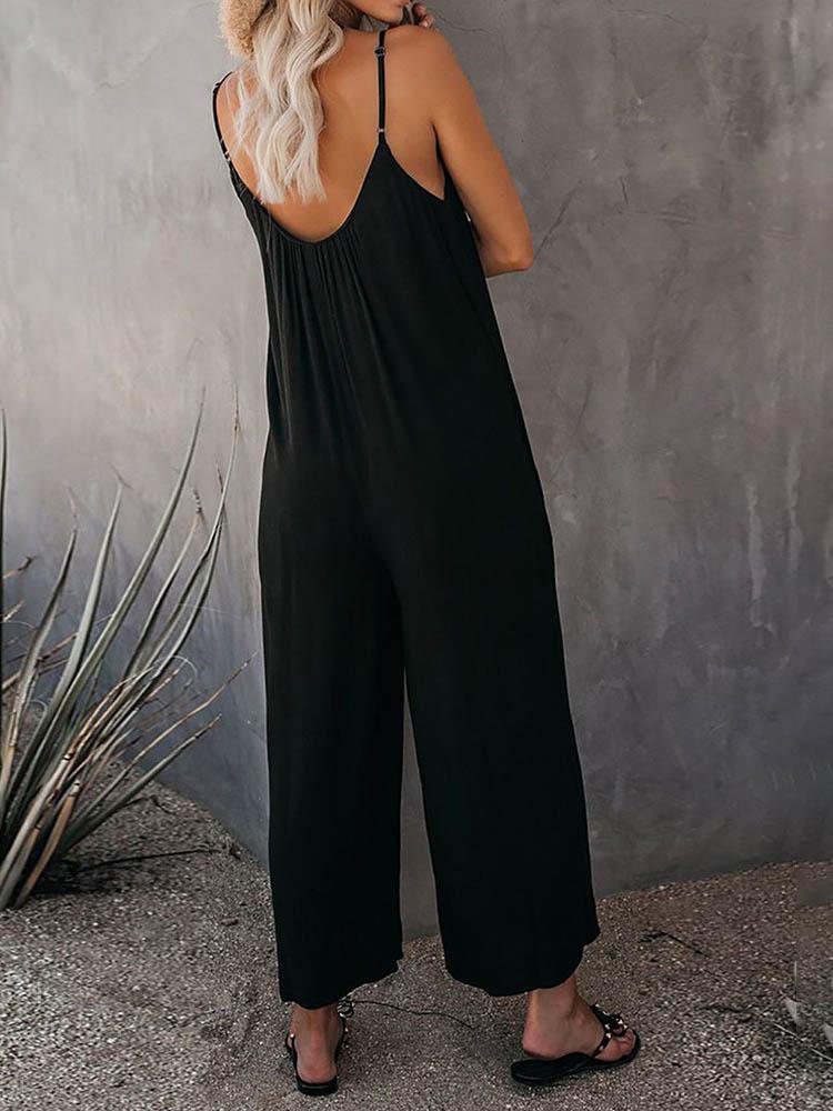 Jumpsuits - Solid Strap Loose Wide Leg Jumpsuit - MsDressly