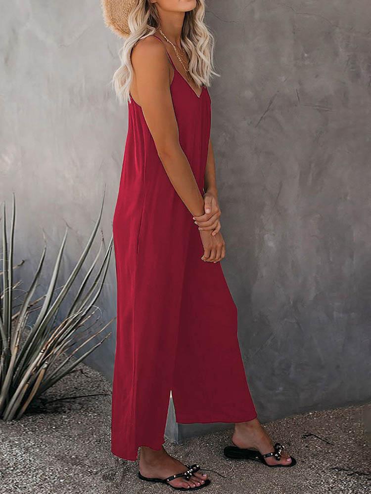 Jumpsuits - Solid Strap Loose Wide Leg Jumpsuit - MsDressly