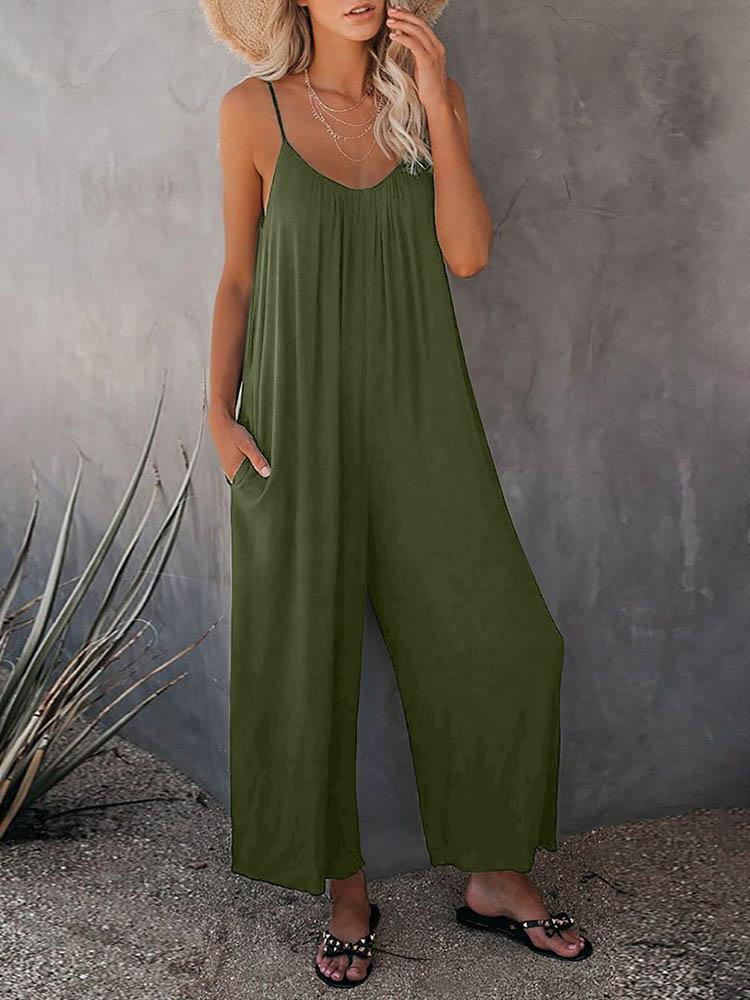 Solid Strap Loose Wide Leg Jumpsuit