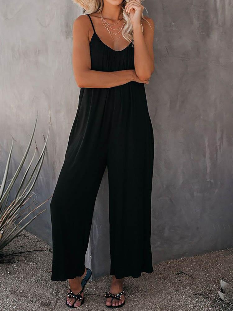 Jumpsuits - Solid Strap Loose Wide Leg Jumpsuit - MsDressly