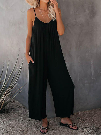 Jumpsuits - Solid Strap Loose Wide Leg Jumpsuit - MsDressly