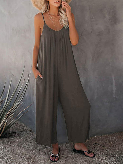 Solid Strap Loose Wide Leg Jumpsuit