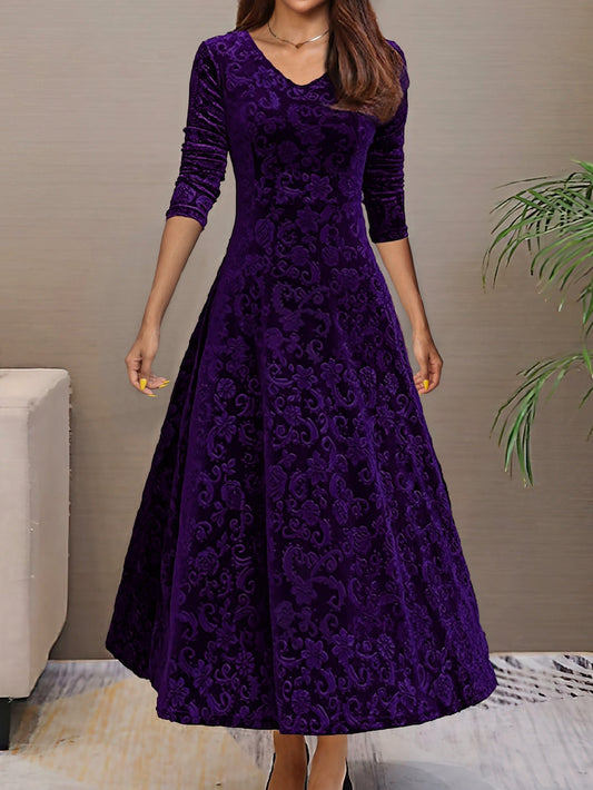 Solid Stylish V-Neck Flared Long Sleeve Maxi Dress