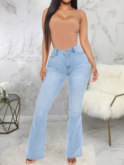 Solid Washed Denim Stretch Slim Flared Pants for Women