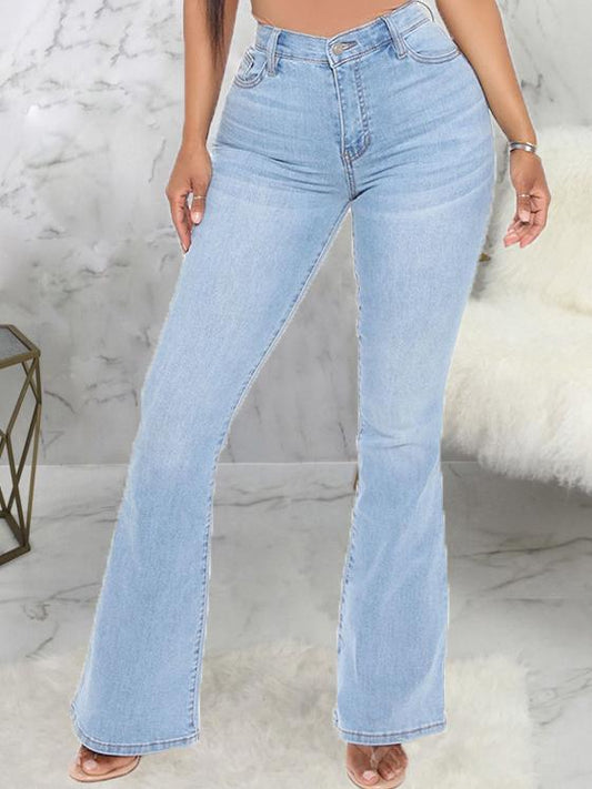 Solid Washed Denim Stretch Slim Flared Pants - LuckyFash™