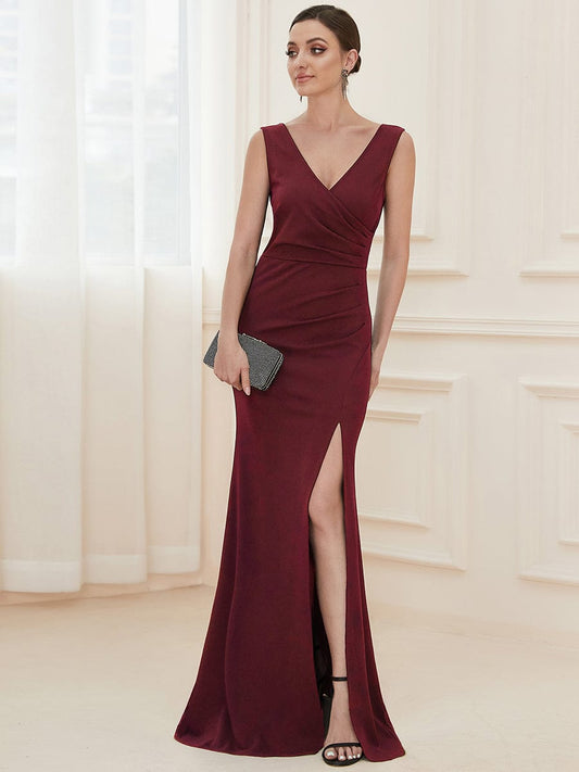 Sophisticated Deep V Neck Sleeveless Evening Gown with Pencil Split