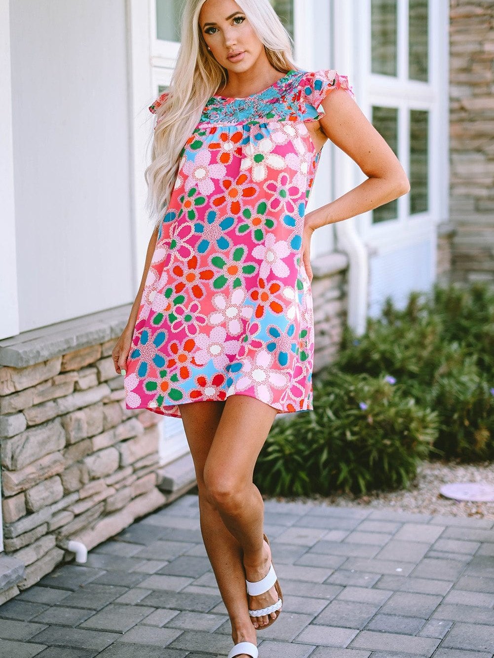 Southern Belle Floral Print Ruffle Sleeve Mini Dress