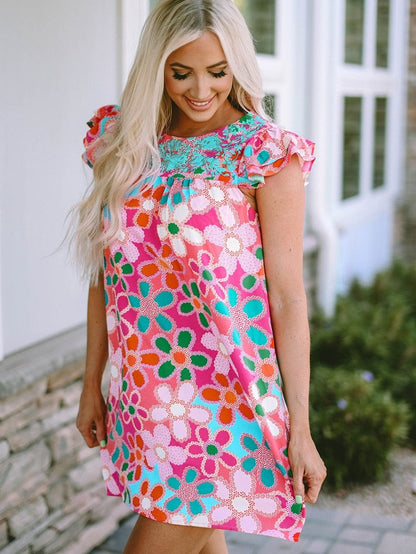 Southern Belle Floral Print Ruffle Sleeve Mini Dress