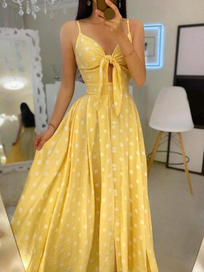 Spaghetti Strap Polkadot Print Knotted Design Maxi Dress for Women