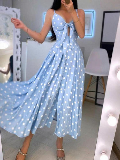 Spaghetti Strap Polkadot Print Knotted Design Maxi Dress for Women