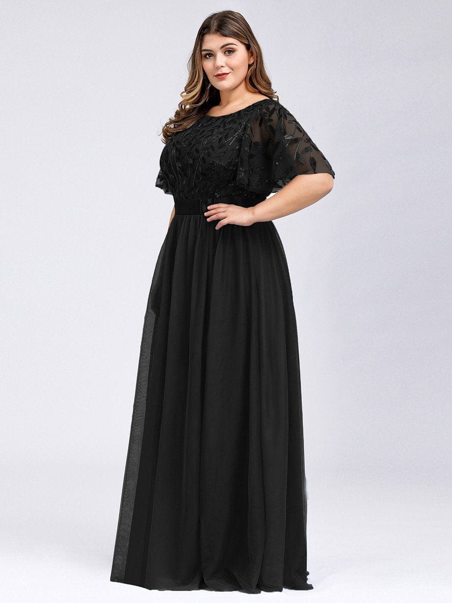 Sparkling Evening Gown with Frill Sleeves and Waistband Detail