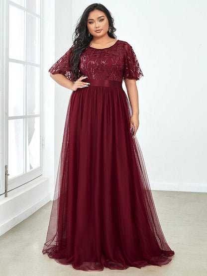 Sparkling Evening Gown with Frill Sleeves and Waistband Detail