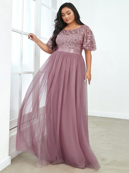 Sparkling Evening Gown with Frill Sleeves and Waistband Detail