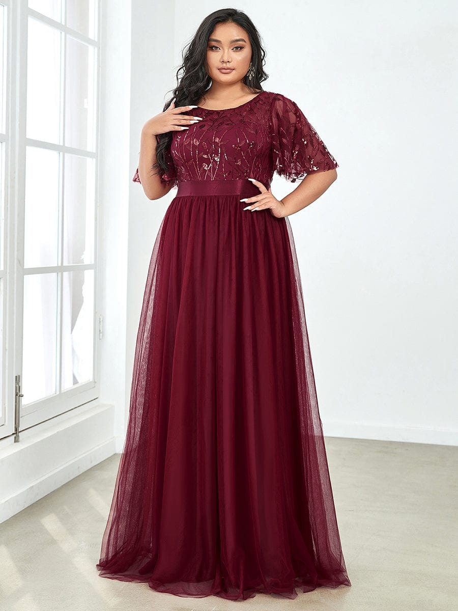 Sparkling Evening Gown with Frill Sleeves and Waistband Detail