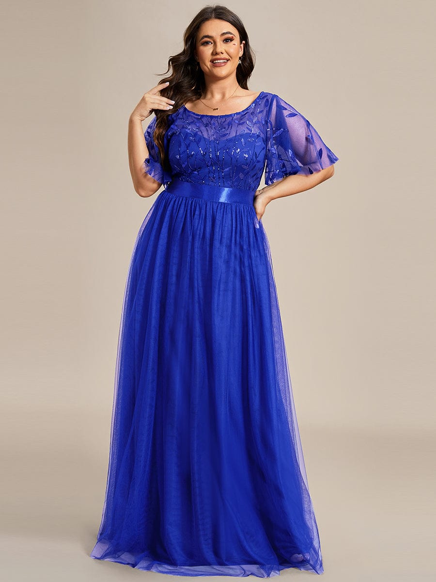 Sparkling Evening Gown with Frill Sleeves and Waistband Detail