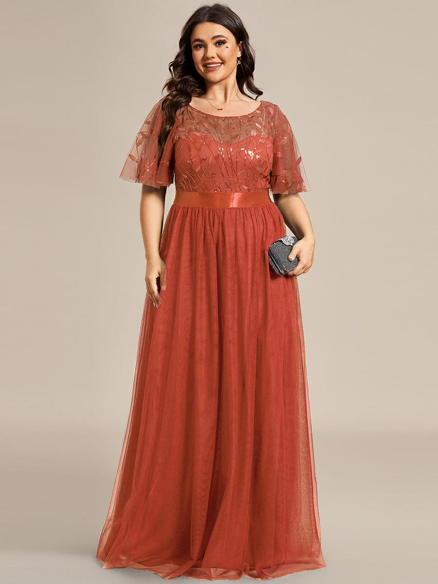 Sparkling Evening Gown with Frill Sleeves and Waistband Detail