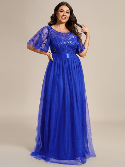 Sparkling Evening Gown with Frill Sleeves and Waistband Detail