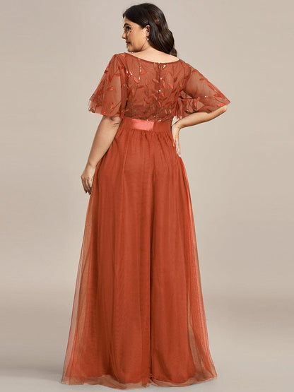 Sparkling Evening Gown with Frill Sleeves and Waistband Detail