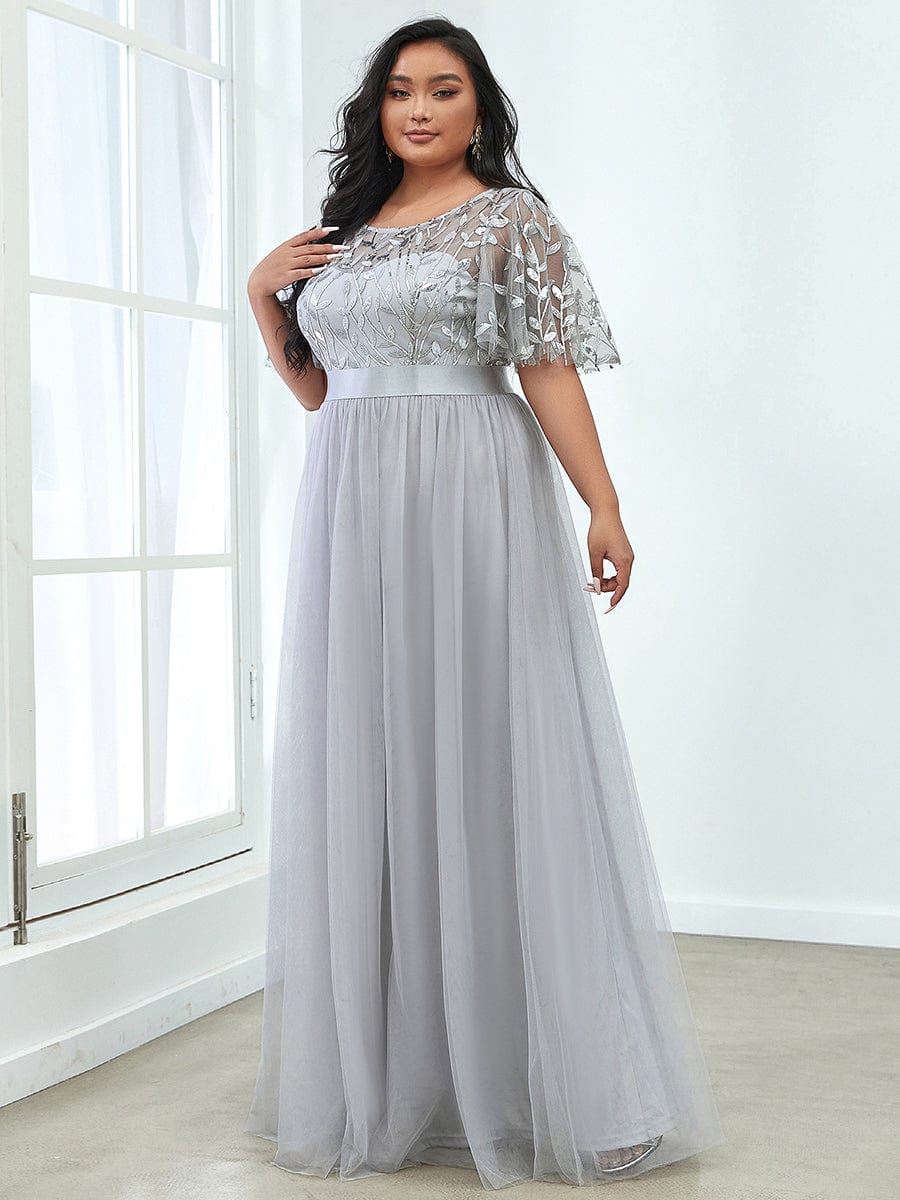 Sparkling Evening Gown with Frill Sleeves and Waistband Detail