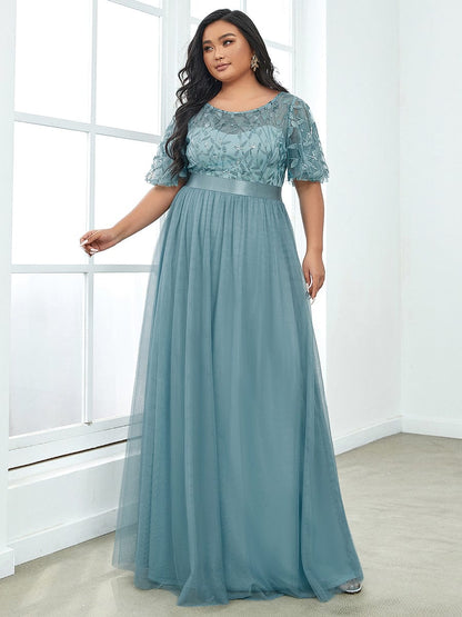 Sparkling Evening Gown with Frill Sleeves and Waistband Detail