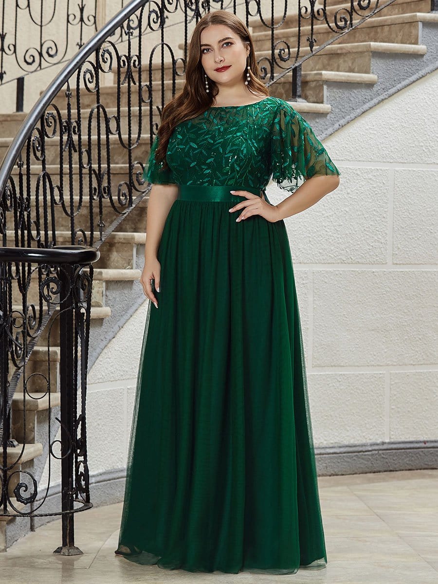 Sparkling Evening Gown with Frill Sleeves and Waistband Detail