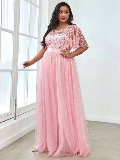 Sparkling Evening Gown with Frill Sleeves and Waistband Detail