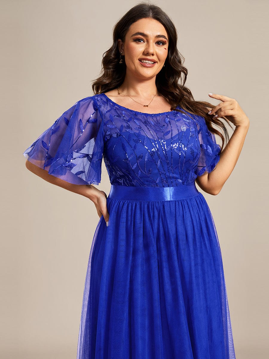 Sparkling Evening Gown with Frill Sleeves and Waistband Detail